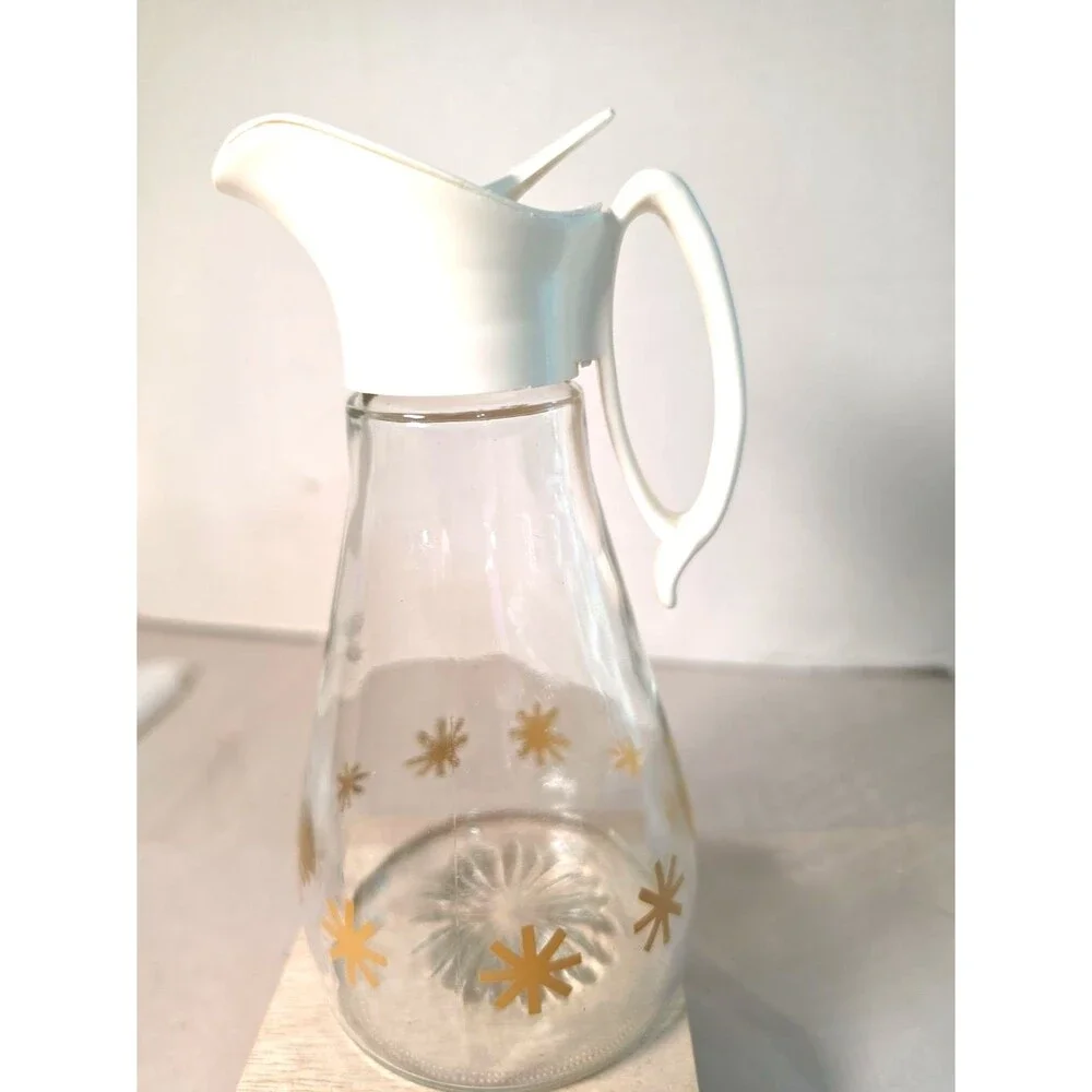 Vintage Log Cabin Syrup Pitcher Dispenser Gold Stars Starburst Clear Glass MCM